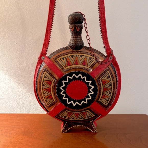 Vintage European Folk Art Handmade Wood and Leather Flask Canteen - Picture 1 of 12